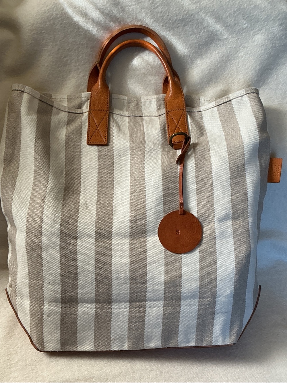 Striped Canvas Tote with Brown Leather Handles